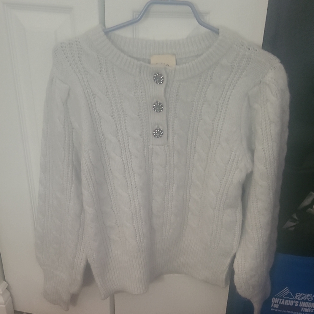 Elie Tahari White Crew Neck Cable Knit Sweater